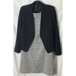 Theory Dress Suit Sz 10 Sheath Black White Plaid Wool Blazer Career Quiet Luxury